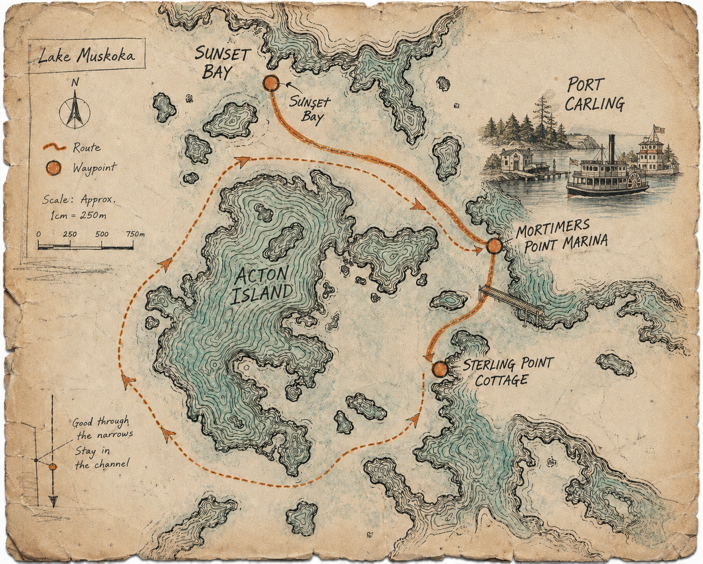 Vintage hand-drawn nautical map of Lake Muskoka showing the cruise route around Acton Island to Sterling Point cottage